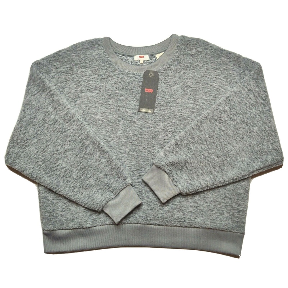 LEVIS Meadow Fleece Women XL Gray‎ Sherpa Faux Fur Cropped Sweatshirt NEW